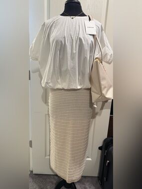 Bundle - White top, Cream Textured Midi Skirt, HOLB tote, Necklace